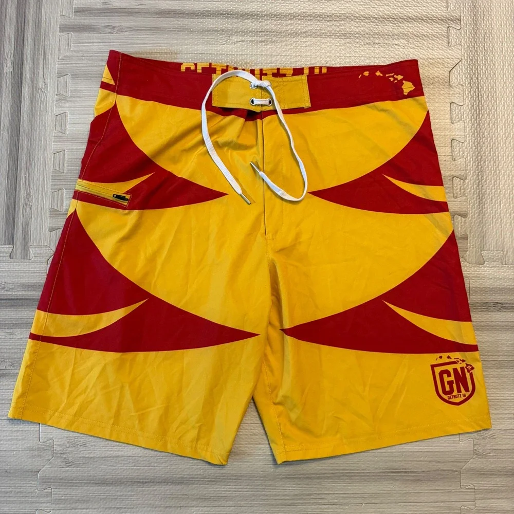 Getnutz HI Board Shorts Mens 36 Yellow Red Hawaii Graphic Surf Trunks Beachwear